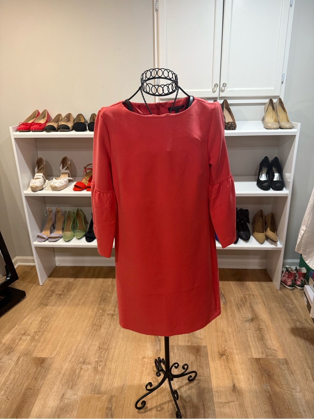 Banana Republic Coral-Red Shift Dress with Statement Sleeves